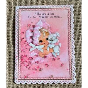 Vintage Pink Baby In Bonnet w Puppy New Baby Girl Congratulations Card Hallmark